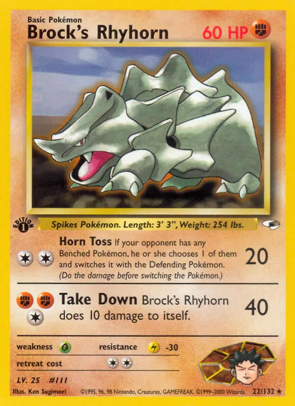 Brock's Rhyhorn card from Gym Heroes, number 22/132