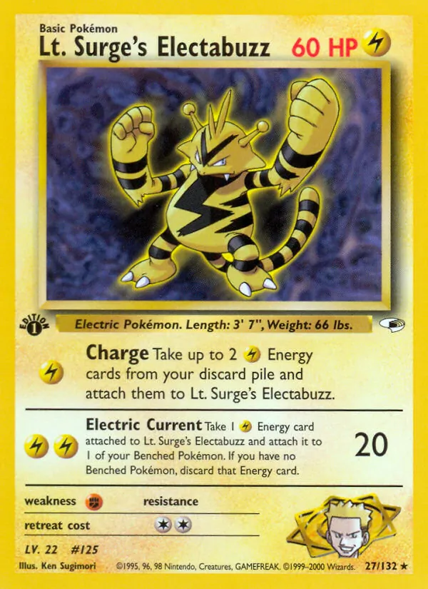 Lt. Surge's Electabuzz card from Gym Heroes, number 27/132