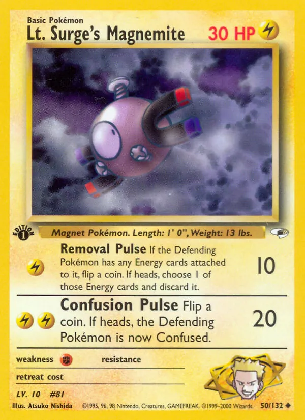 Lt. Surge's Magnemite card from Gym Heroes, number 50/132
