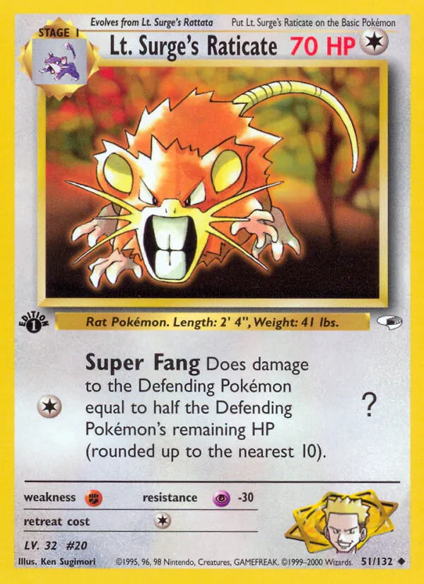 Lt. Surge's Raticate card from Gym Heroes, number 51/132