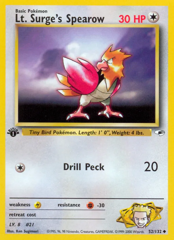 Lt. Surge's Spearow card from Gym Heroes, number 52/132