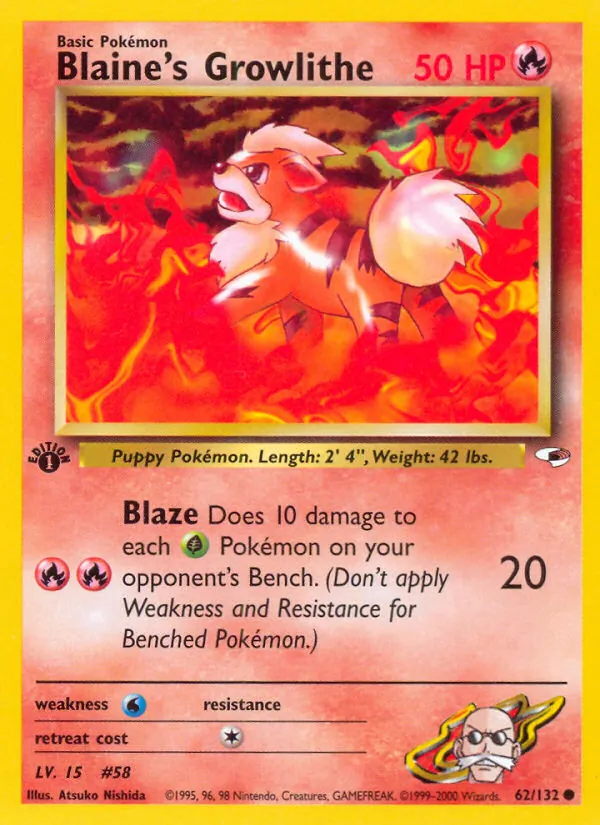 Blaine's Growlithe card from Gym Heroes, number 62/132