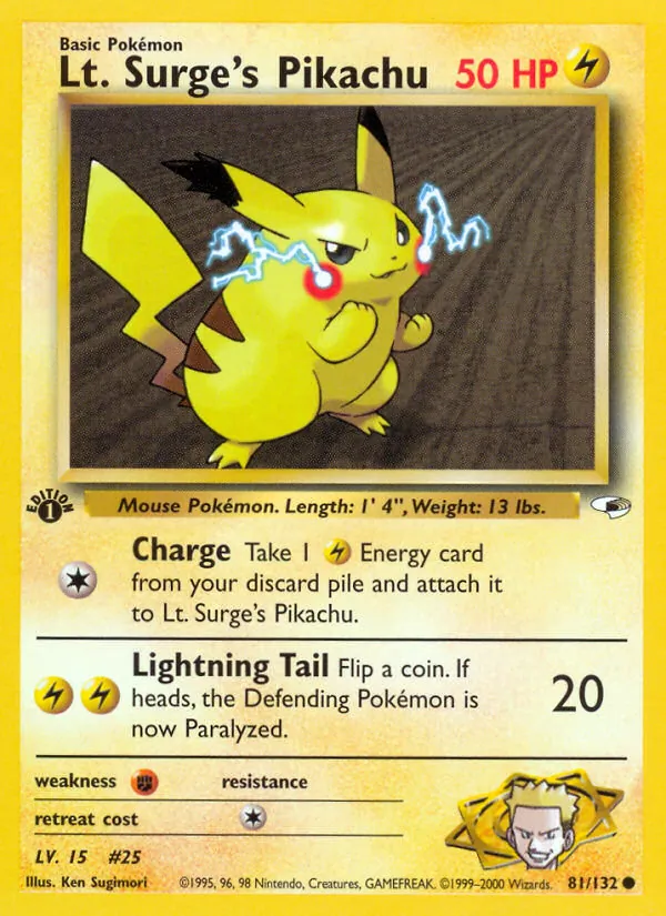 Lt. Surge's Pikachu card from Gym Heroes, number 81/132