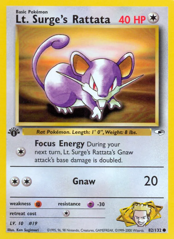 Lt. Surge's Rattata card from Gym Heroes, number 82/132