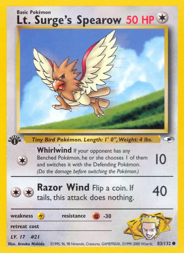 Lt. Surge's Spearow card from Gym Heroes, number 83/132