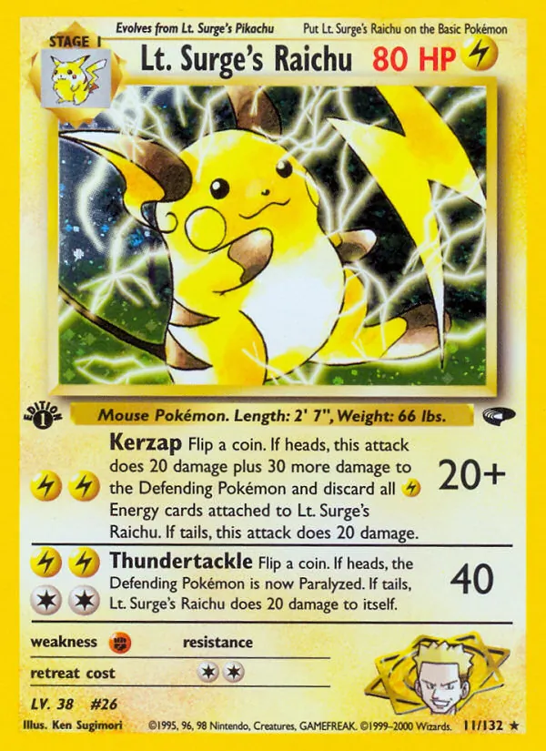 Lt. Surge's Raichu card from Gym Challenge, number 11/132
