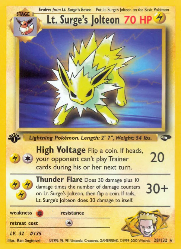 Lt. Surge's Jolteon card from Gym Challenge, number 28/132