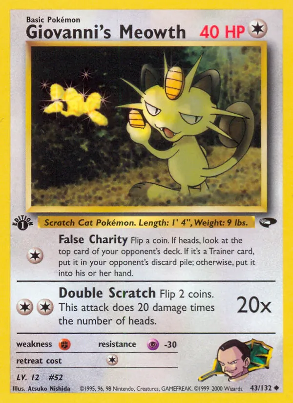 Giovanni's Meowth card from Gym Challenge, number 43/132