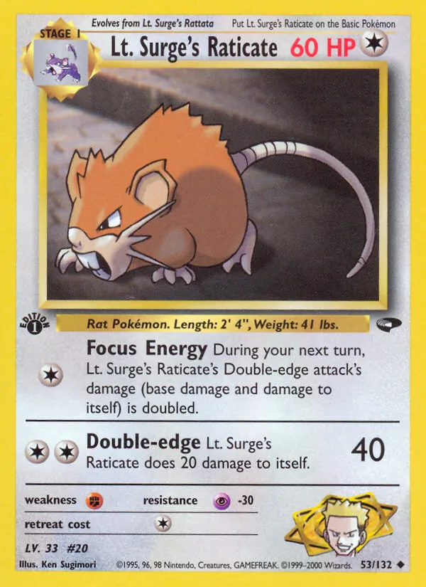 Lt. Surge's Raticate card from Gym Challenge, number 53/132