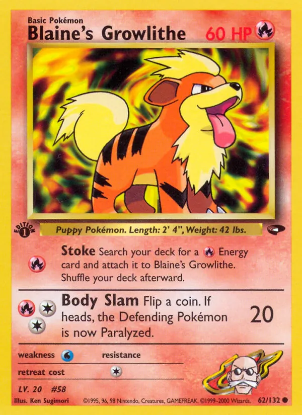 Blaine's Growlithe card from Gym Challenge, number 62/132