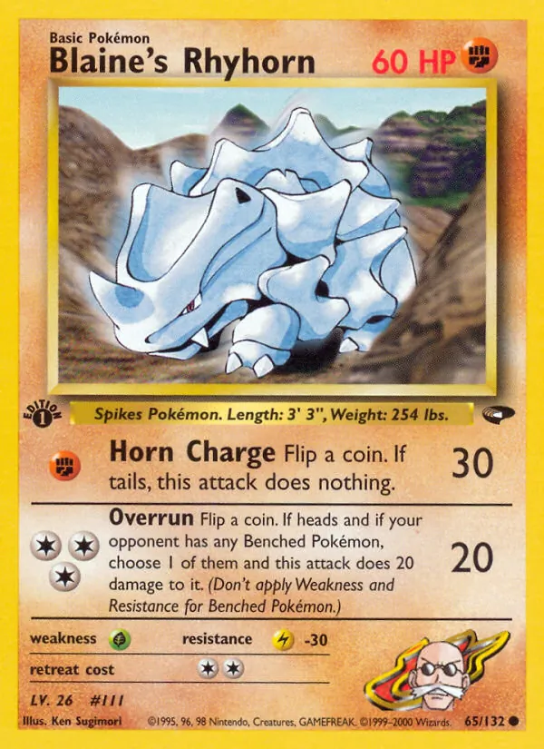 Blaine's Rhyhorn card from Gym Challenge, number 65/132