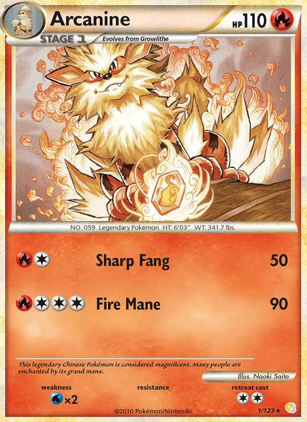 Arcanine card from HeartGold SoulSilver, number 1/123