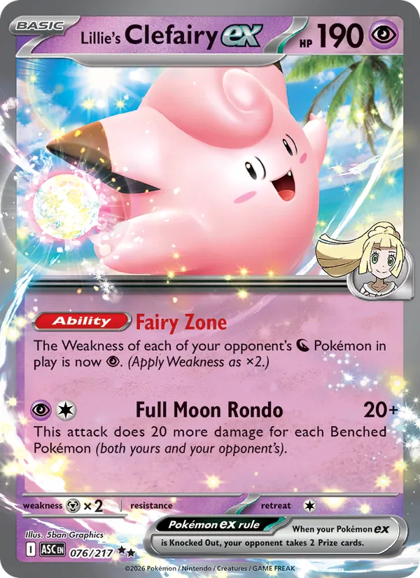Kartu Lillie's Clefairy ex dari Ascended Heroes, nomor 076/217