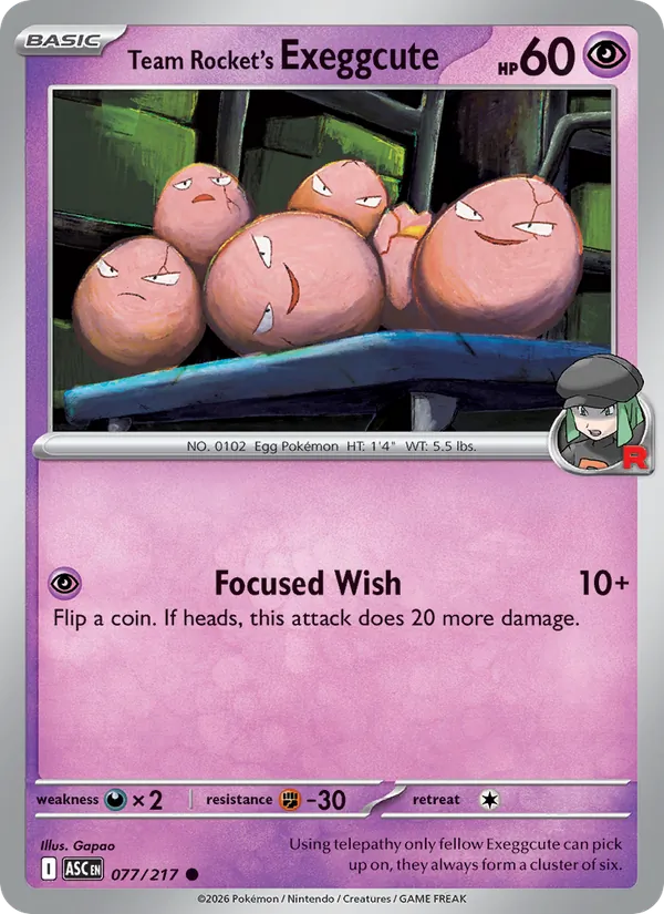 Kartu Team Rocket's Exeggcute dari Ascended Heroes, nomor 077/217