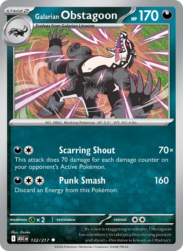 Kartu Galarian Obstagoon dari Ascended Heroes, nomor 132/217