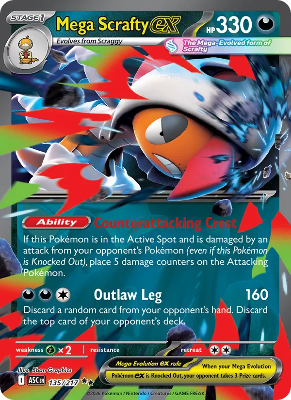 Kartu Mega Scrafty ex dari Ascended Heroes, nomor 135/217