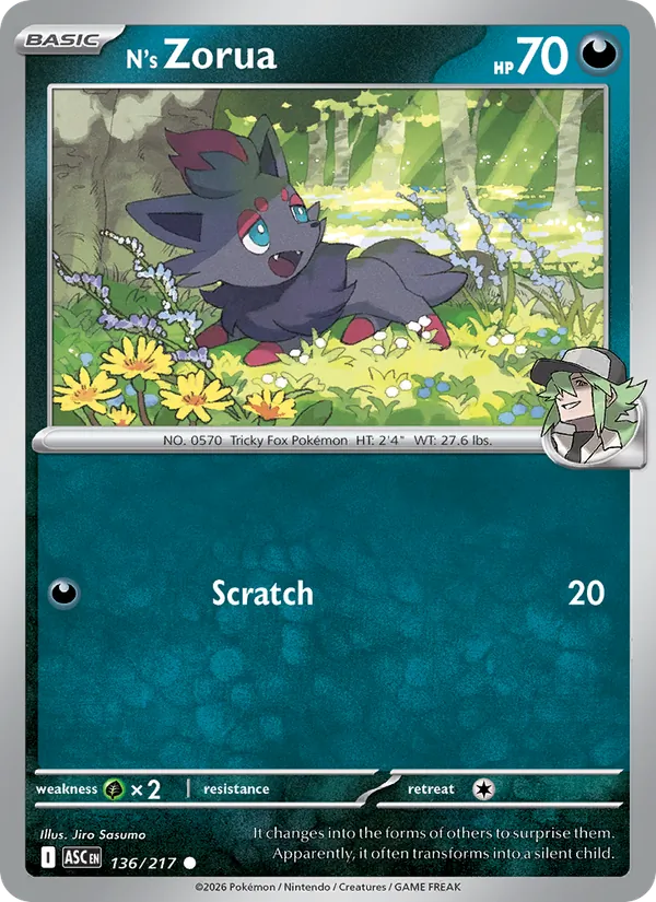 Kartu N's Zorua dari Ascended Heroes, nomor 136/217