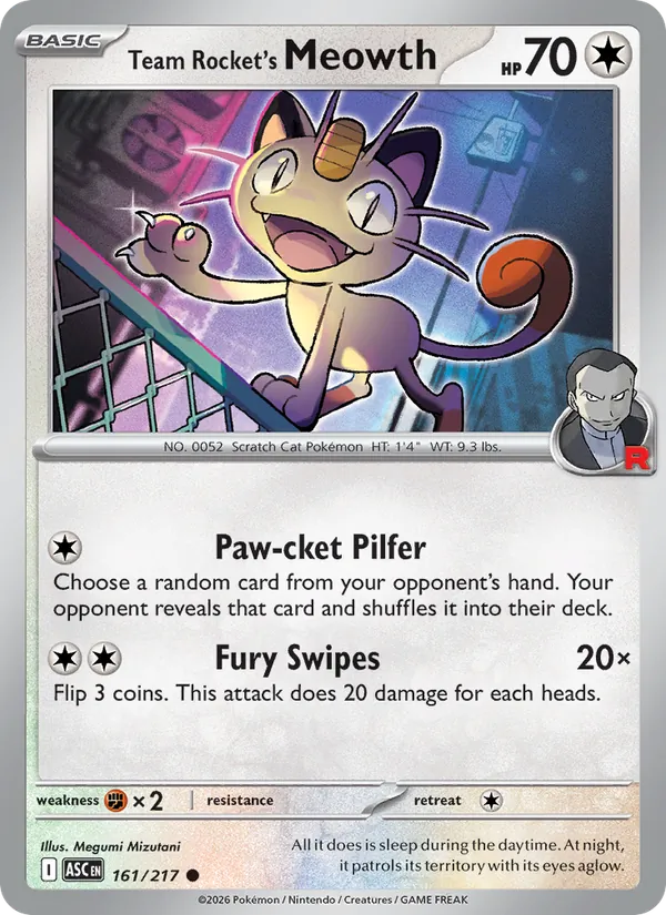 Kaart Team Rocket's Meowth uit Ascended Heroes, nummer 161/217