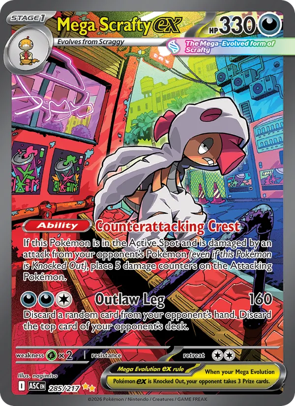 Mega Scrafty ex card from Ascended Heroes, number 285/217
