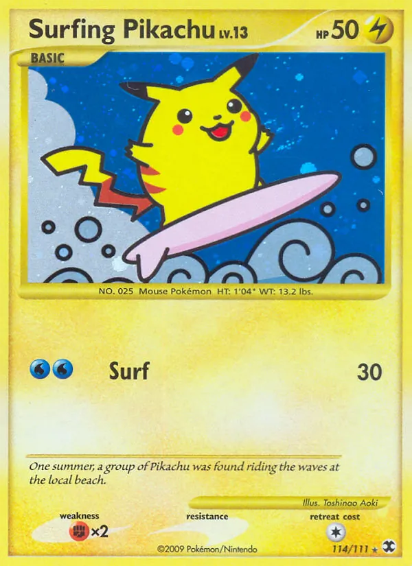 Surfing Pikachu card from Rising Rivals, number 114/111