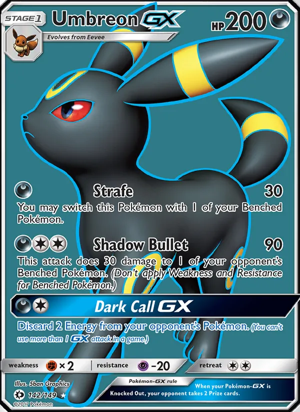 Umbreon GX card from Sun & Moon, number 142/149