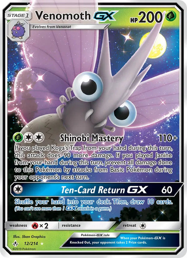 Venomoth GX card from Unbroken Bonds, number 12/214