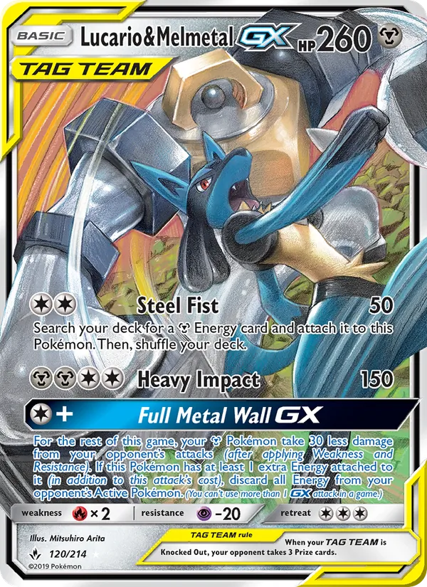Lucario & Melmetal GX card from Unbroken Bonds, number 120/214