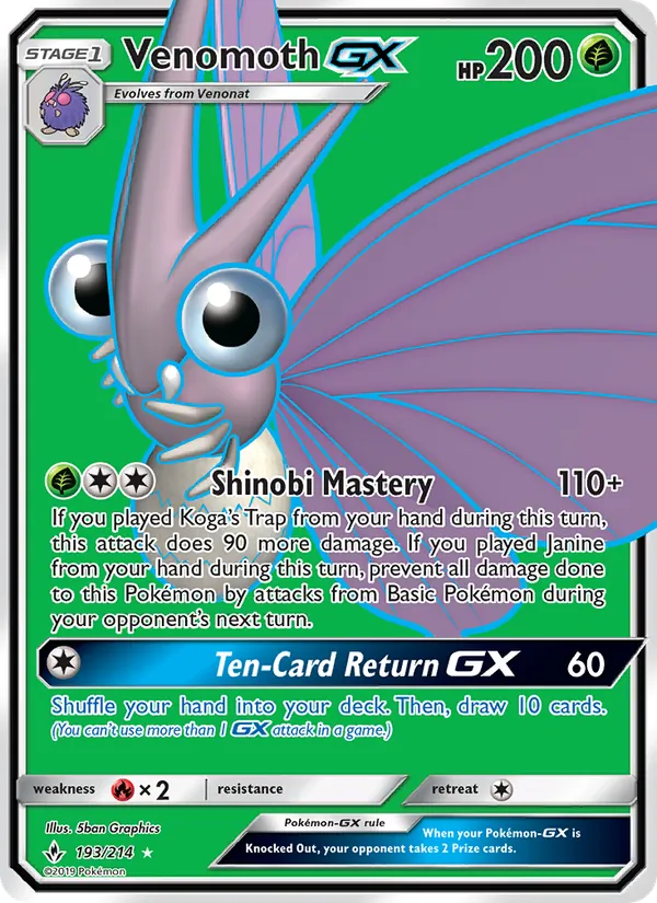Venomoth GX card from Unbroken Bonds, number 193/214