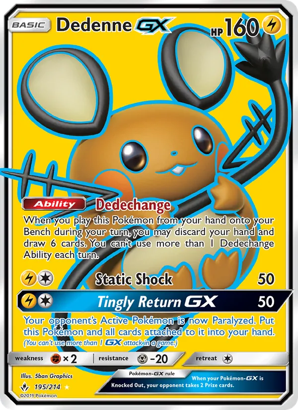 Dedenne GX card from Unbroken Bonds, number 195/214