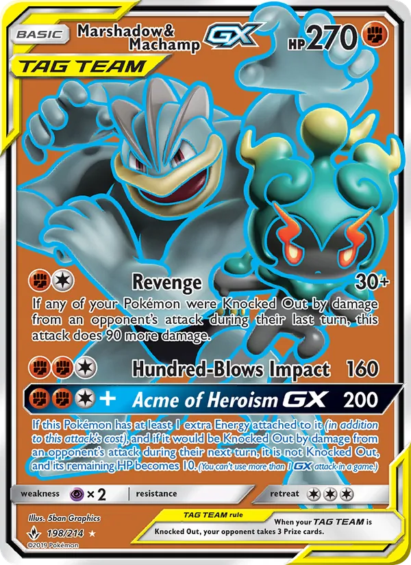 Kartu Marshadow & Machamp GX dari Unbroken Bonds, nomor 198/214