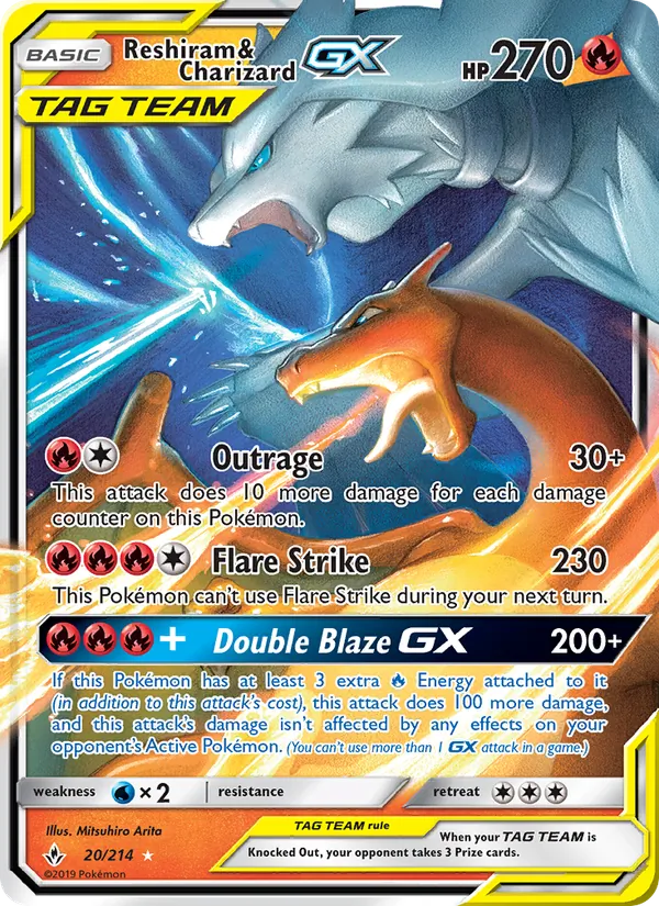 Reshiram & Charizard GX card from Unbroken Bonds, number 20/214