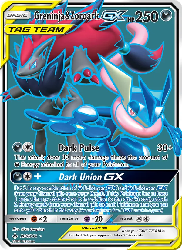 Kartu Greninja & Zoroark GX dari Unbroken Bonds, nomor 200/214