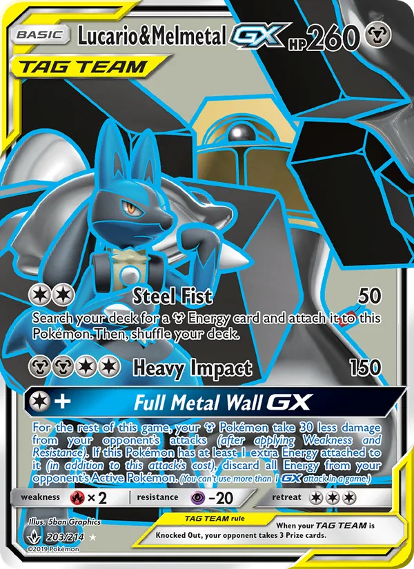Lucario & Melmetal GX card from Unbroken Bonds, number 203/214
