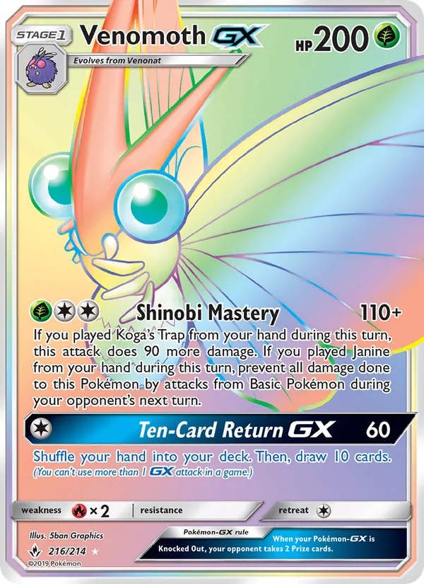 Venomoth GX card from Unbroken Bonds, number 216/214