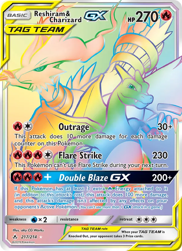 Reshiram & Charizard GX card from Unbroken Bonds, number 217/214