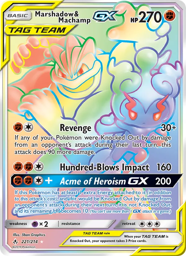 Marshadow & Machamp GX card from Unbroken Bonds, number 221/214