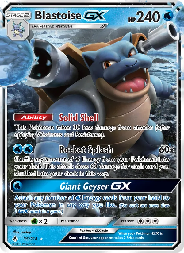 Blastoise GX card from Unbroken Bonds, number 35/214