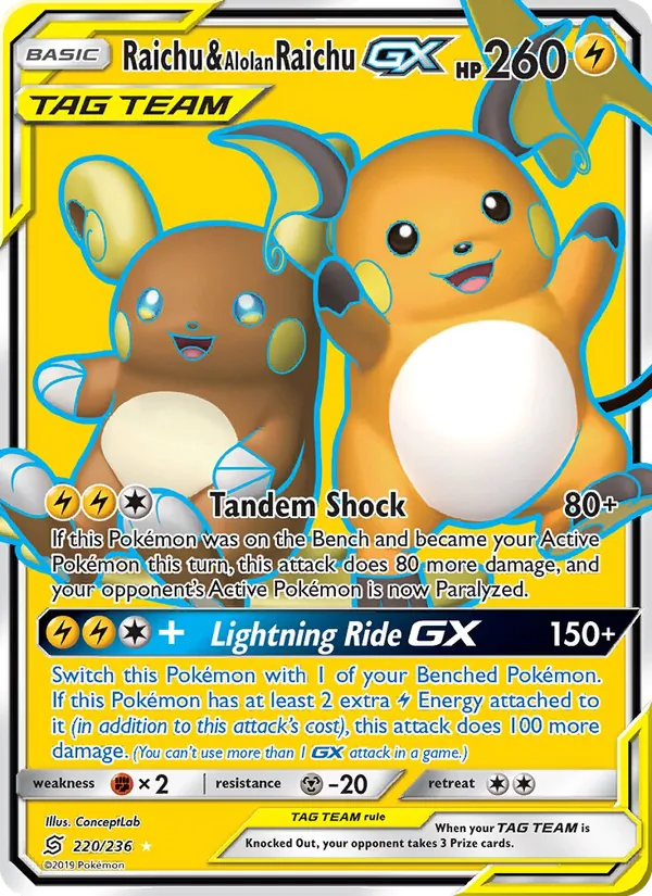 Raichu & Alolan Raichu GX card from Unified Minds, number 220/236
