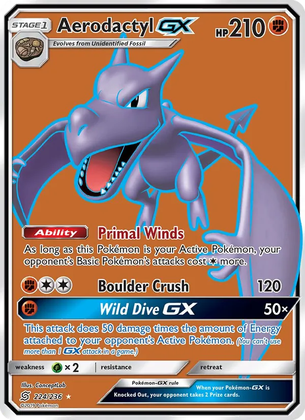 Aerodactyl GX card from Unified Minds, number 224/236