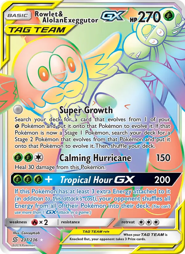 Rowlet & Alolan Exeggutor GX card from Unified Minds, number 237/236
