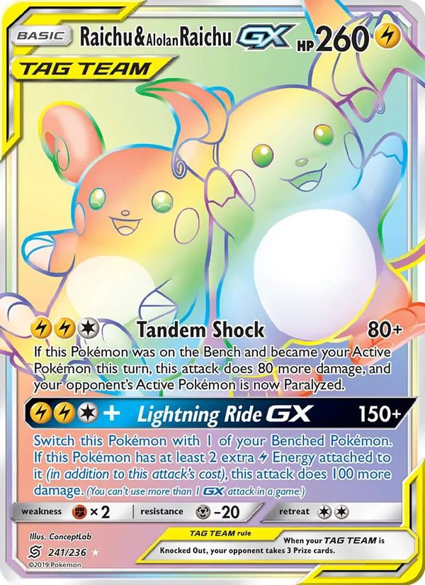 Raichu & Alolan Raichu GX card from Unified Minds, number 241/236