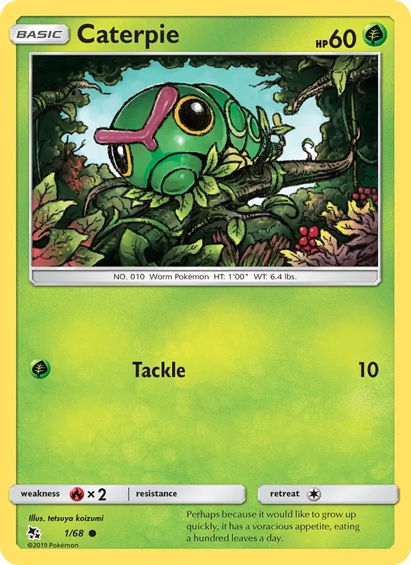 Caterpie card from Hidden Fates, number 1/68