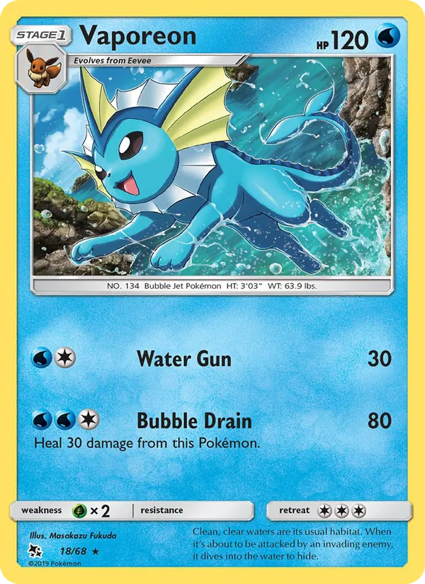 Vaporeon card from Hidden Fates, number 18/68
