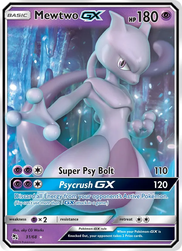 Mewtwo GX card from Hidden Fates, number 31/68