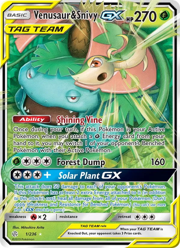Venusaur & Snivy GX card from Cosmic Eclipse, number 1/236