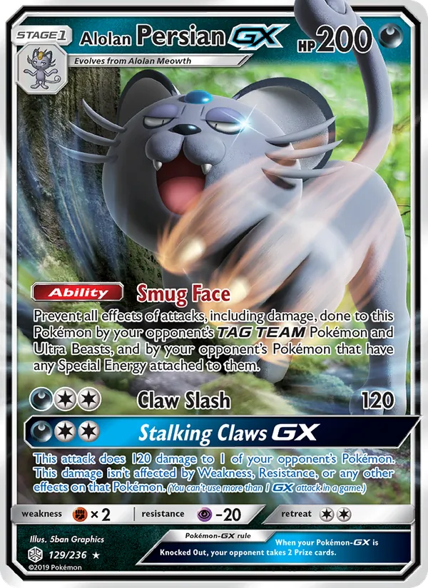 Alolan Persian GX card from Cosmic Eclipse, number 129/236