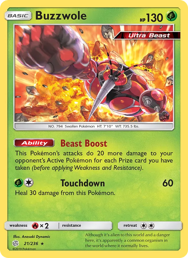 Buzzwole card from Cosmic Eclipse, number 21/236