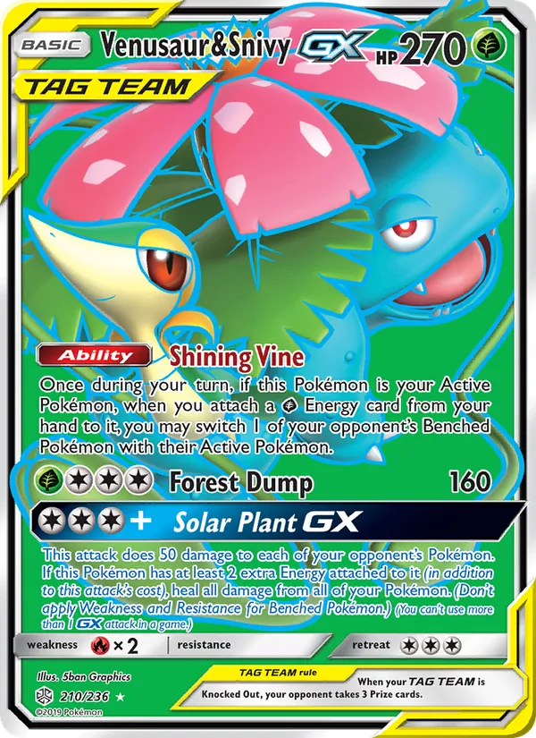 Venusaur & Snivy GX card from Cosmic Eclipse, number 210/236