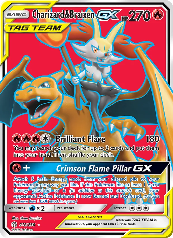 Charizard & Braixen GX card from Cosmic Eclipse, number 212/236