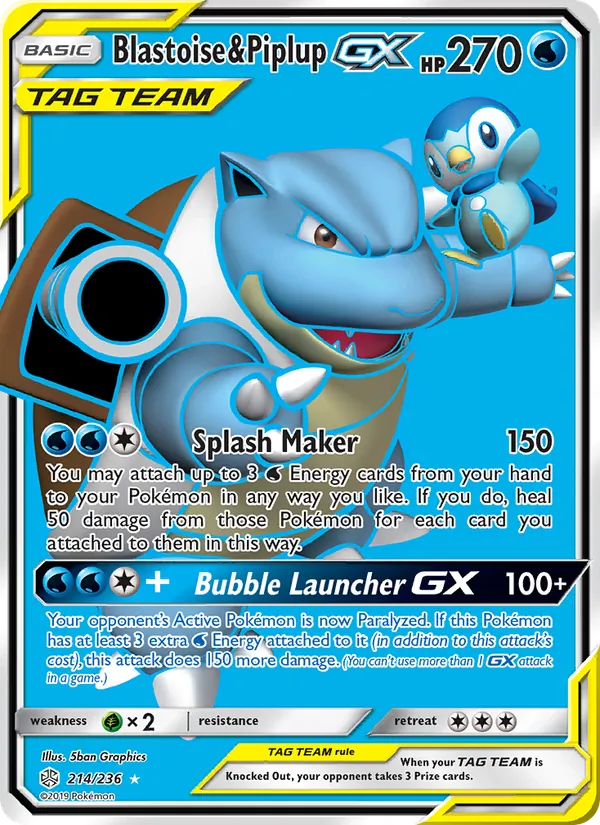 Blastoise & Piplup GX card from Cosmic Eclipse, number 214/236